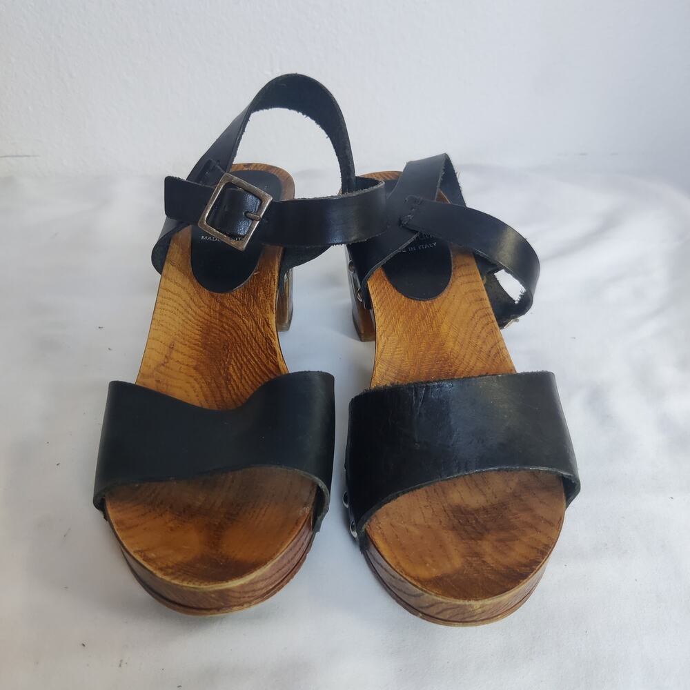 Miz Mooz NYC Wooden Block Heel Studded Black Leather Sandals Size 8 Scandi Girl - Picture 2 of 12